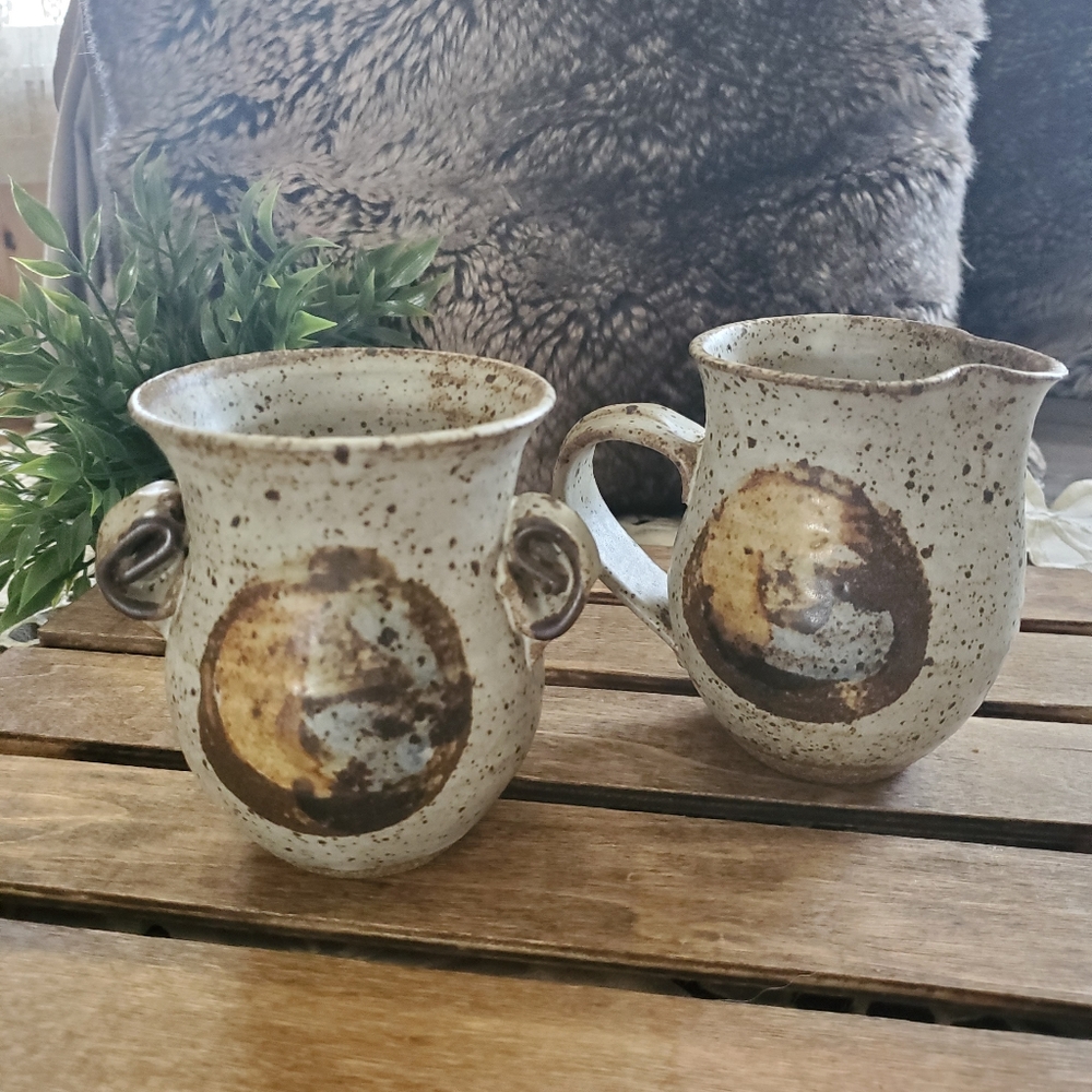 VINTAGE 70s | Speckled Pottery Cream Sugar Set